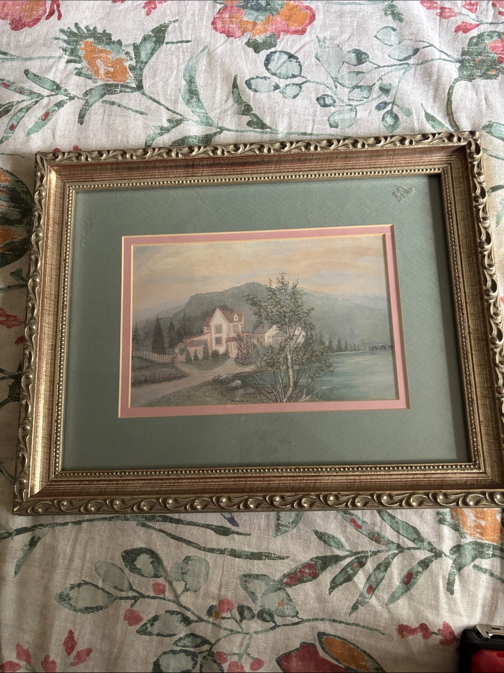 Framed Lakeside Cottage Wall Art - Green and Pink Mat
